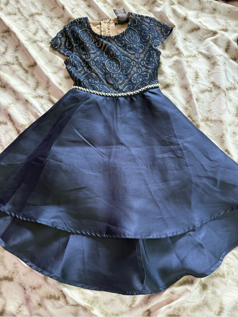 Xtraordinary Navy Lace Top High-Low Satin Skirt with Beaded Waist